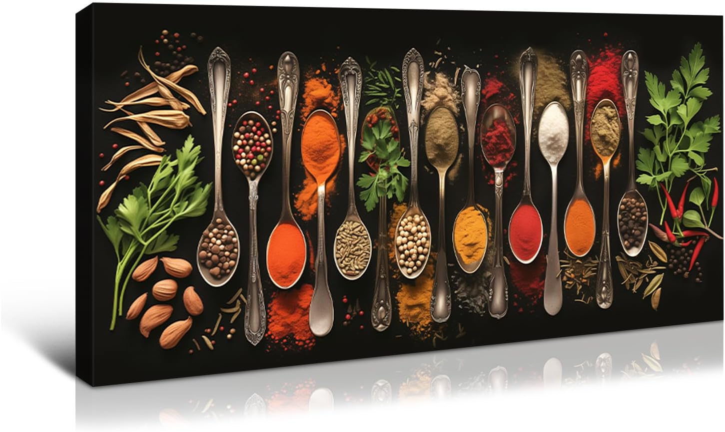 Wewejia - Kitchen Pictures Wall Decor Couful Spice in Spoon Vintage Canvas Wall Art Food Photos Painting On Canvas Stretched Framed Home Decoration Gift Ready to Hang 40x20 Inch