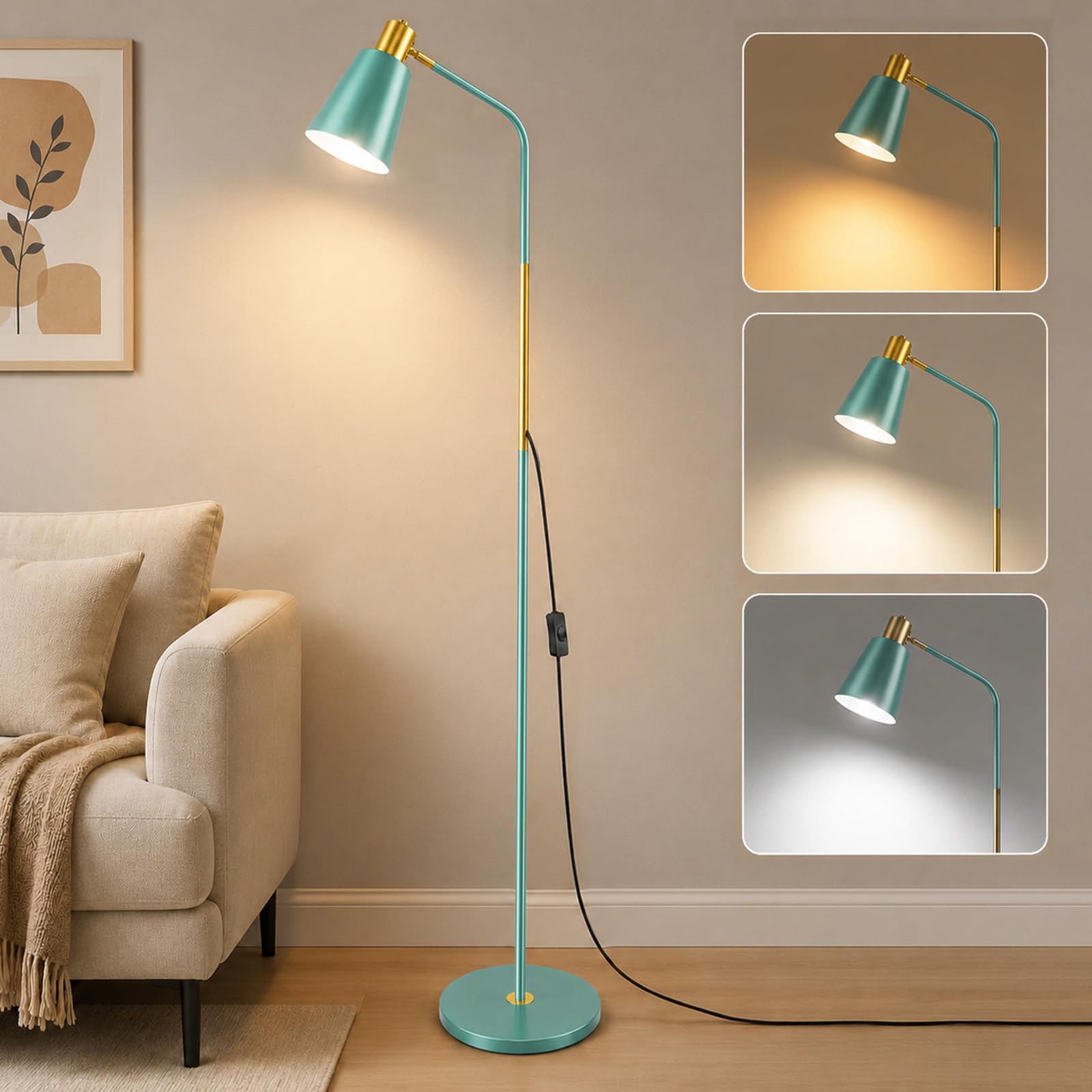 Seruno X Floor Lamp, 60.2" Retro Arch Standing Lamp, Adjustable 180° Metal Heads Indoor Task Lighting Reading Floor Lamps for Living Room, Bedroom, Office, E27 Socket (12W 3-Color Light Bulb) (Green)