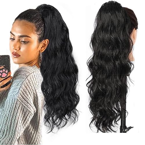 WENYU Extensión de cola de caballo de cabello humano ondulado para mujeres negras con pasta mágica envolvente, cola de caballo de cabello humano