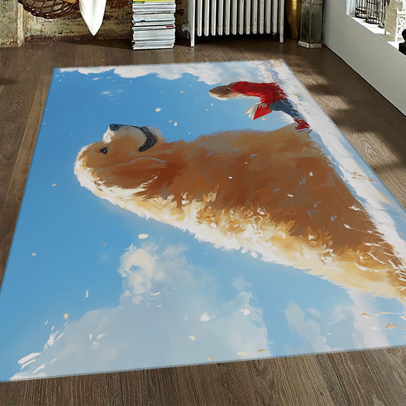 Śliczny dywan dla psa 90 x 180 cm śnieżny krajobraz dziewczyna książeczka do czytania niski składany składany odporny na plamy dywaniki samochodowe Golden Retriever obraz olejny wzór artystyczny duże