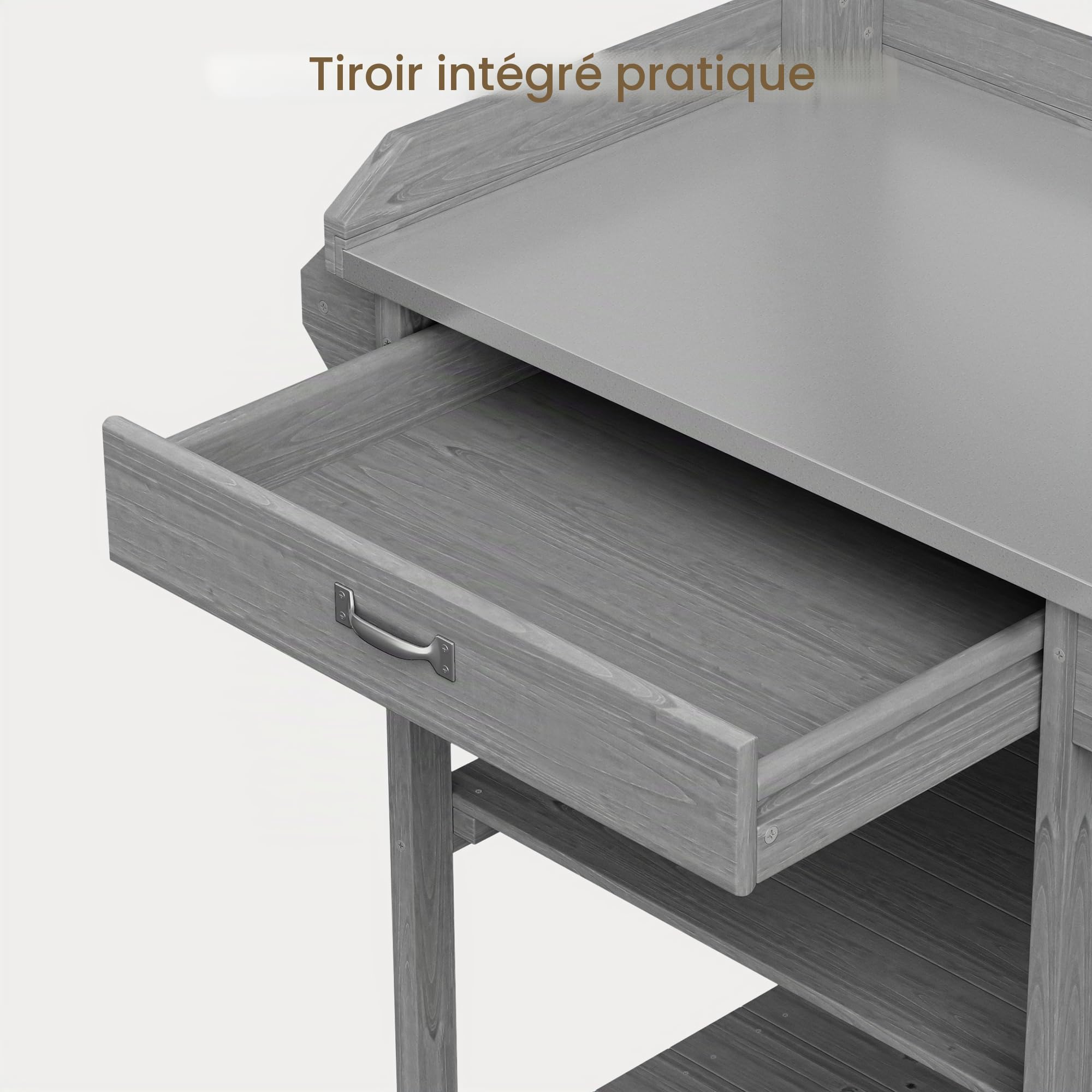 Xbro Table de Rempotage Mobile en Bois, Grand Espace de Rangement avec Tiroir, Étagères et Crochets, Plateau en Métal Galvanisé, Idéale pour Balcon, Terrasse et Jardin, 112 x 43 x 121 cm, Gris
