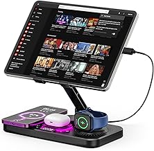 Jubor 4 in 1 Stazione di Ricarica per iPhone, Supporto da Tavolo per Tablet con Caricatore Wireless, Ricarica Wireless per iPhone 16/15/14/13/12, iWatch, Auriculares