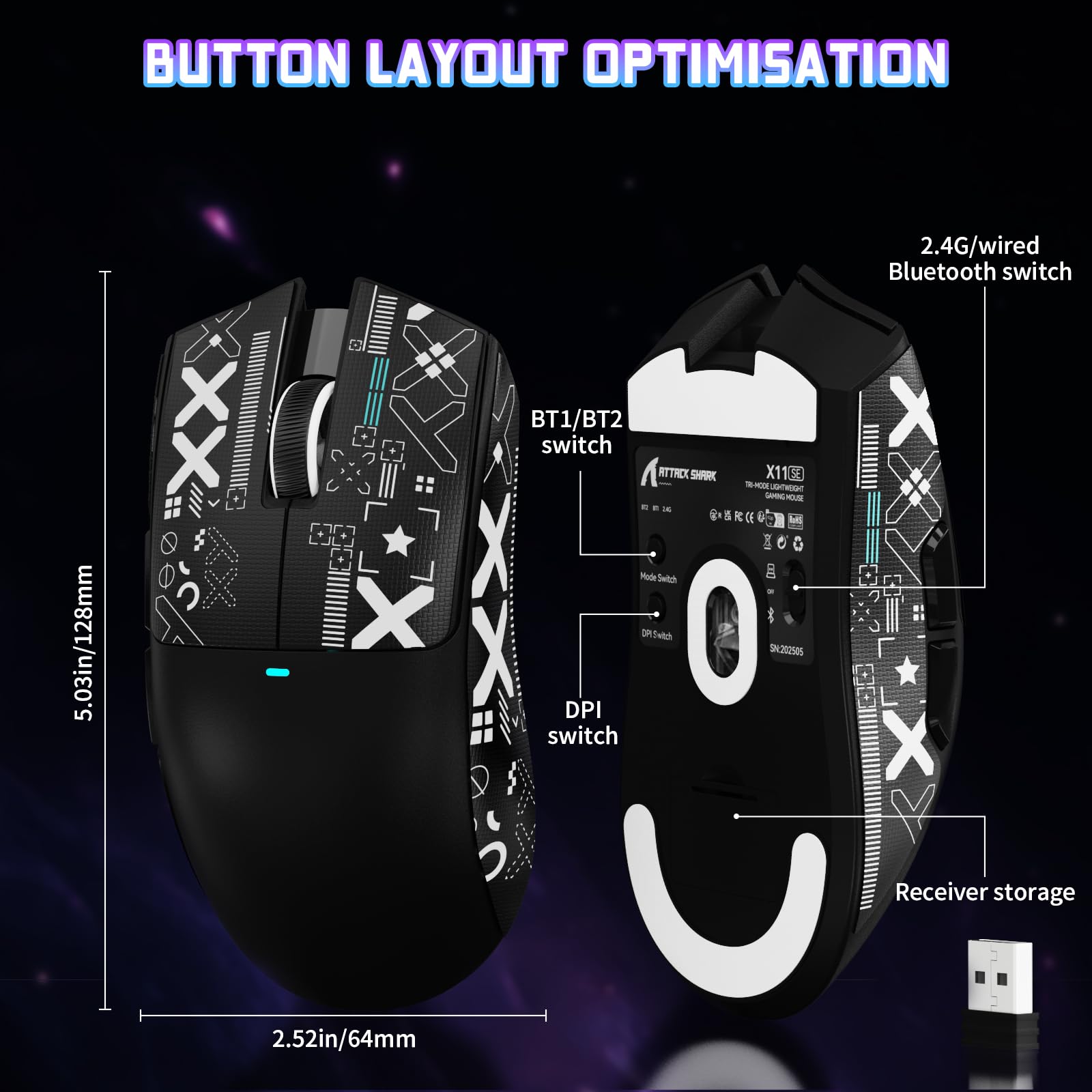 ATTACK SHARK X11 SE Ratón Gaming Inalámbrico, Sensor Gaming PixArt PAW3311, BT/2.4G Inalámbrico/Cableado, 22000 dpi, 65 Horas, Ratón para Oficina y Gaming para Win11/Xbox/PS/Mac (Negro + Cinta)