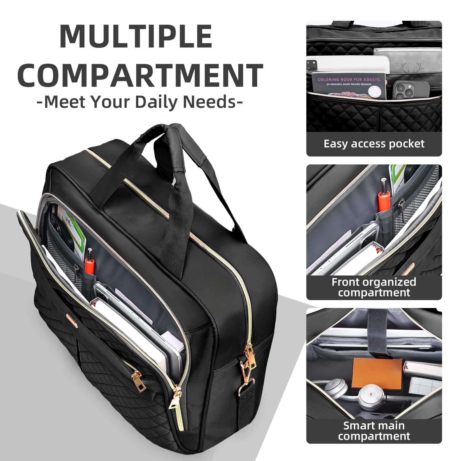 Sacoche pour Ordinateur Portable Femme 17.3 Pouces Imperméable Mallette Bandoulière Sacoche Porte Document pour Travail Affaires Université, Noir Pro