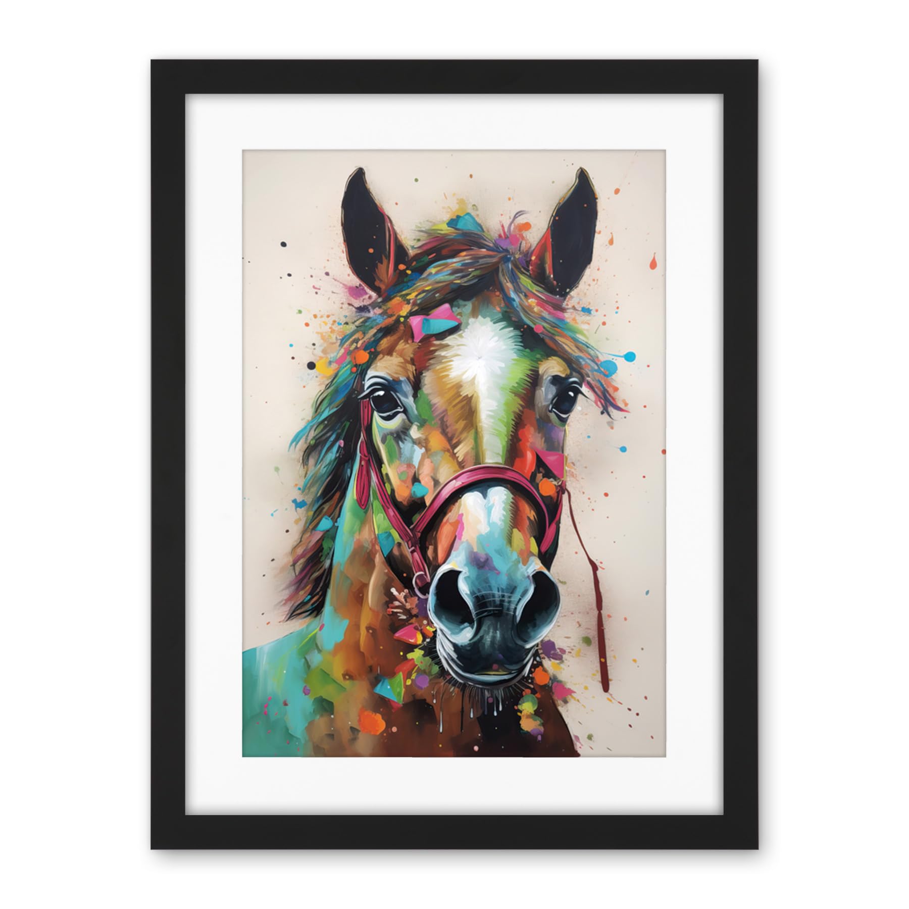Artery8 Horse Multicoloured Spray Paint and Oil Painting Artwork Framed Wall Art Print 18X24 Inch