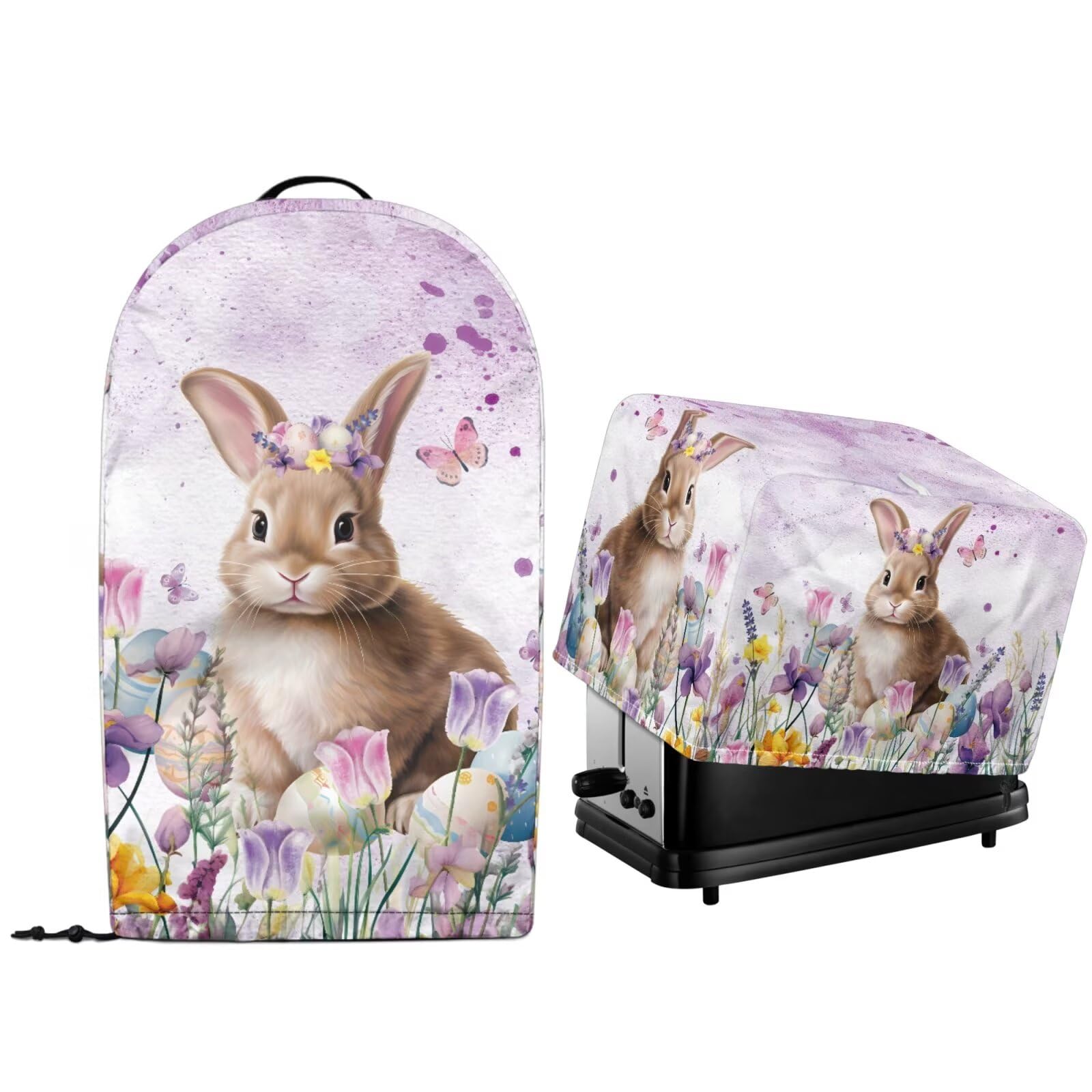 2 Pcs Kitchen Appliance Dust Covers with Drawstring Hem for Countertop Stand Mixer Food Processor Blender and Toaster Maker Oven Easter Day Purple Floral Bunny