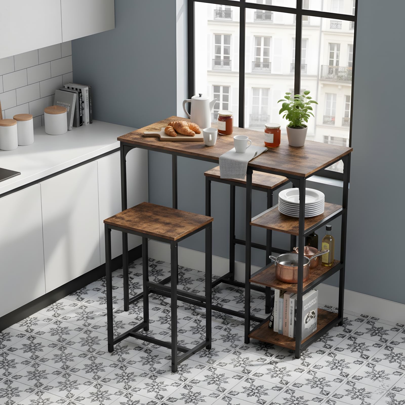 Ensemble Table de Bar avec 2 Tabourets, Table Haute Mange Debout avec 3 Étagères, Style Industriel, pour Petit Espace Cuisine, Salle à Manger, Salon, Bar, Bistrot, Balcon, Marron et Noir