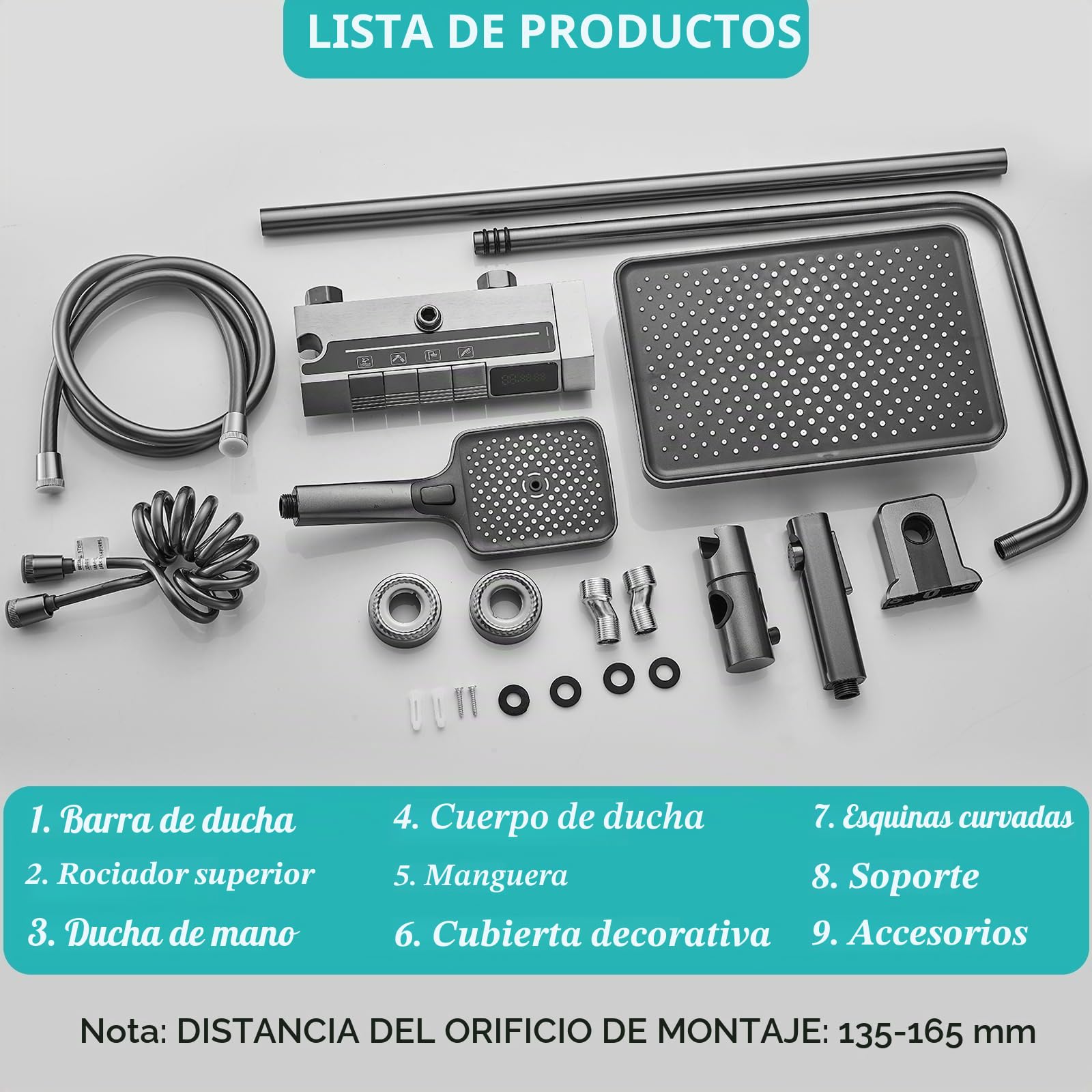 Columna de Ducha con Rociador superior/Ducha de mano ABS, 4 Modos Indicación de La Temperatura del Agua, Columna Ducha Columna de Baño Multifuncional Altura Ajustable 85-105cm, Negro