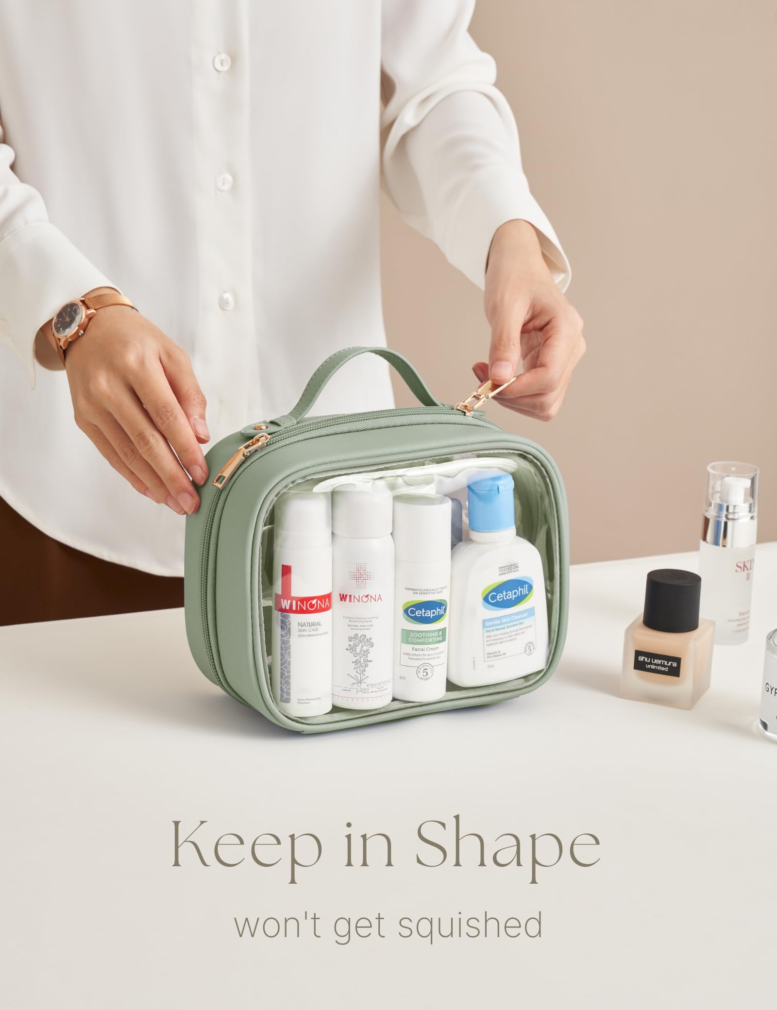 Borsa cosmetica trasparente a doppio strato, borsa da viaggio trasparente con 4 scomparti, borsa da viaggio trasparente per articoli da toeletta, grande borsa da toilette per donna, Verde salvia