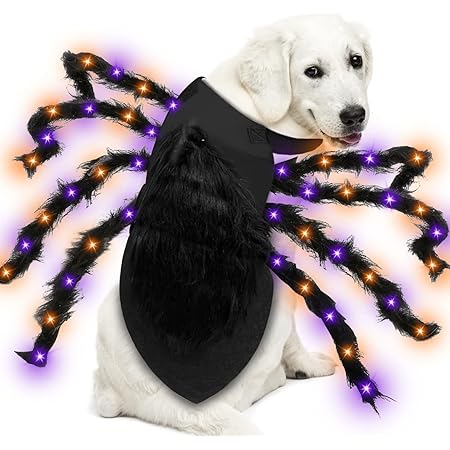 Camlinbo 24 LED Spider Dog Dinosaur Halloween Costume for Small Medium Large Dogs, Furry Giant Spider with Orange Purple Lights Puppy Pet Costume Outfits Clothes Funny Halloween Costume Party Cosplay