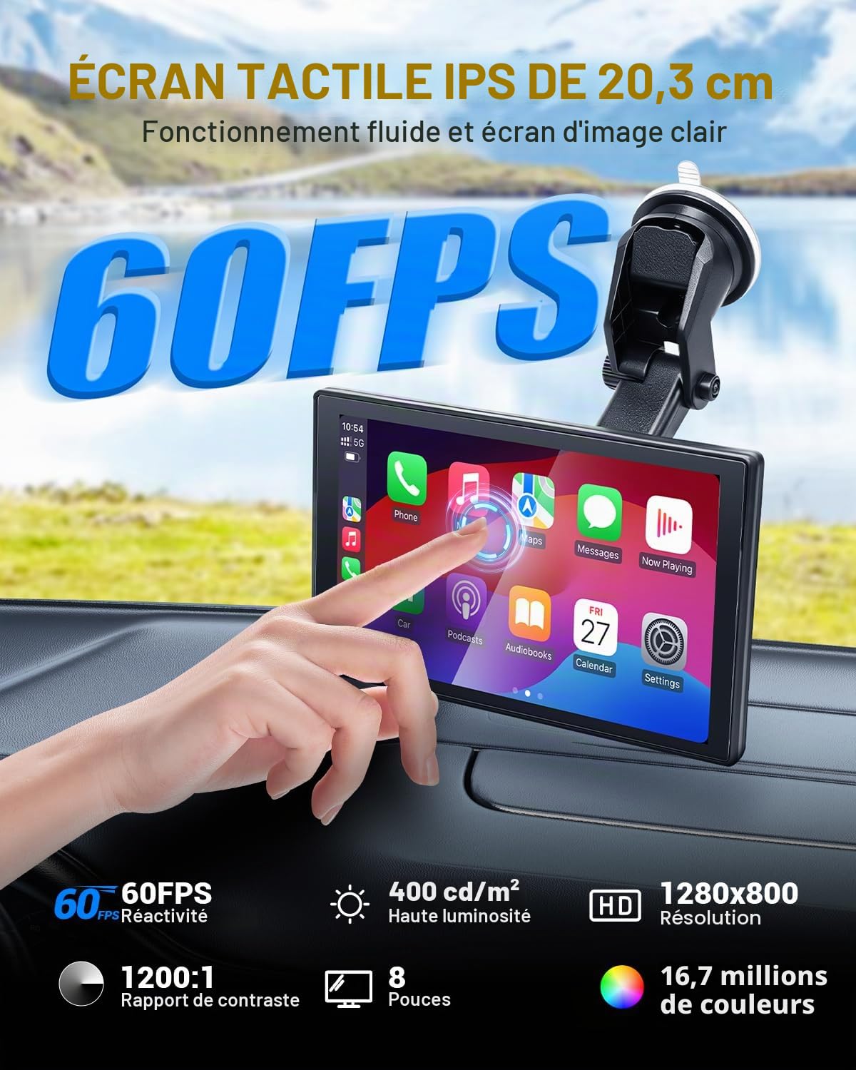 8 Pouces Carplay sans Fil Écran Carplay Voiture Android Car Play avec Camera de Recul pour Apple Ecran Tactile avec Mirror Link Navigation GPS Commande Vocale Entrée AUX FM