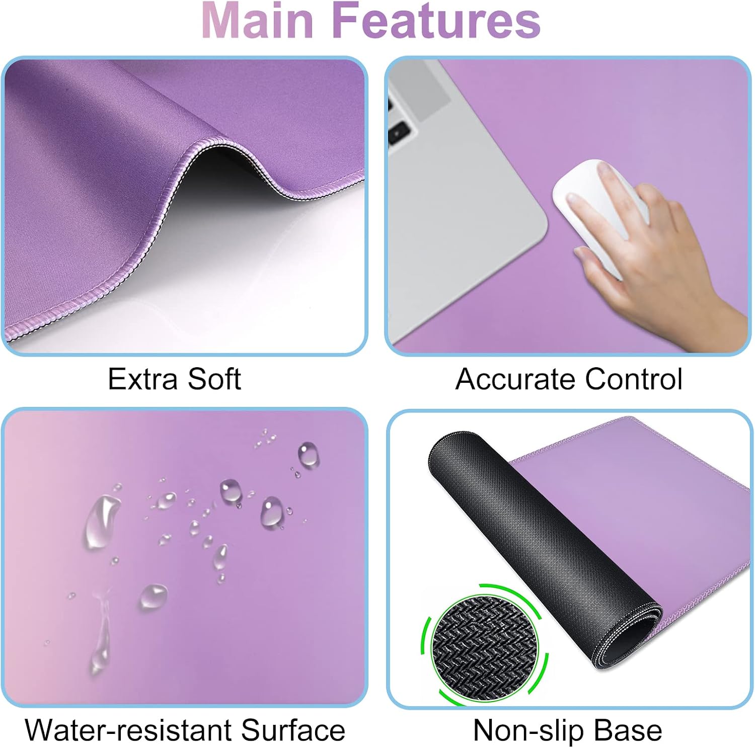 iCasso Desk Mat, Gaming Mouse Pad Wrist Support Set,4in1 XXL Large Mousepad + Keyboard Wrist Rest+Mouse Wrist Rest+Coaster Set with Ergonomic Design for Home Office Table Computer-Pink Purple
