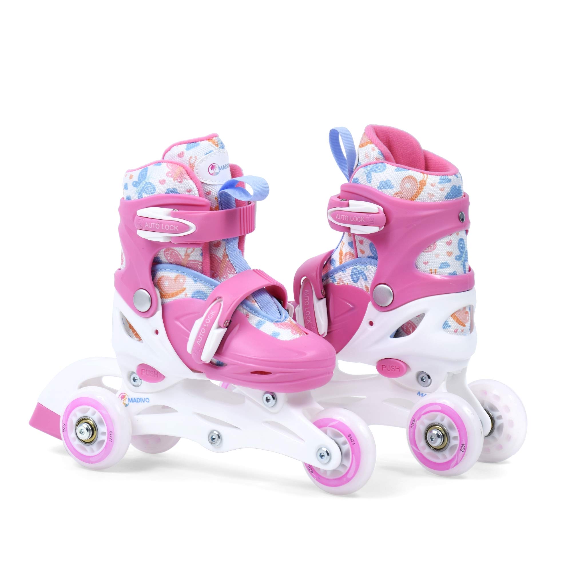 Madivo Cottoncandy Lot de 2 Rollers 2 en 1 réglables pour Fille | Patins à roulettes ABEC-5 | Rollers en Ligne transformables en Patins à roulettes | Blanc/Rose | Tailles : 26-29, 30-33