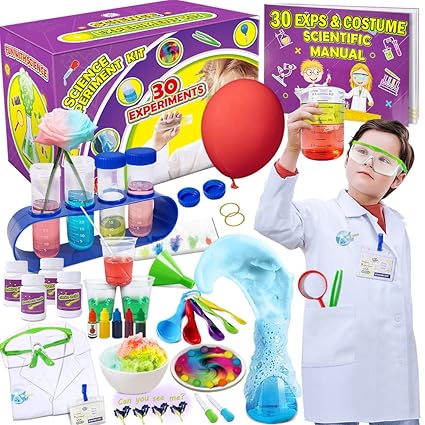 UNGLINGA Science Kit for Kids 30 Lab Chemicals Experiments with Lab Coat Costume Role Play STEM DIY Educational Learning Toys for Boys Girls 3+ Years Old Birthday Christmas Party Gifts