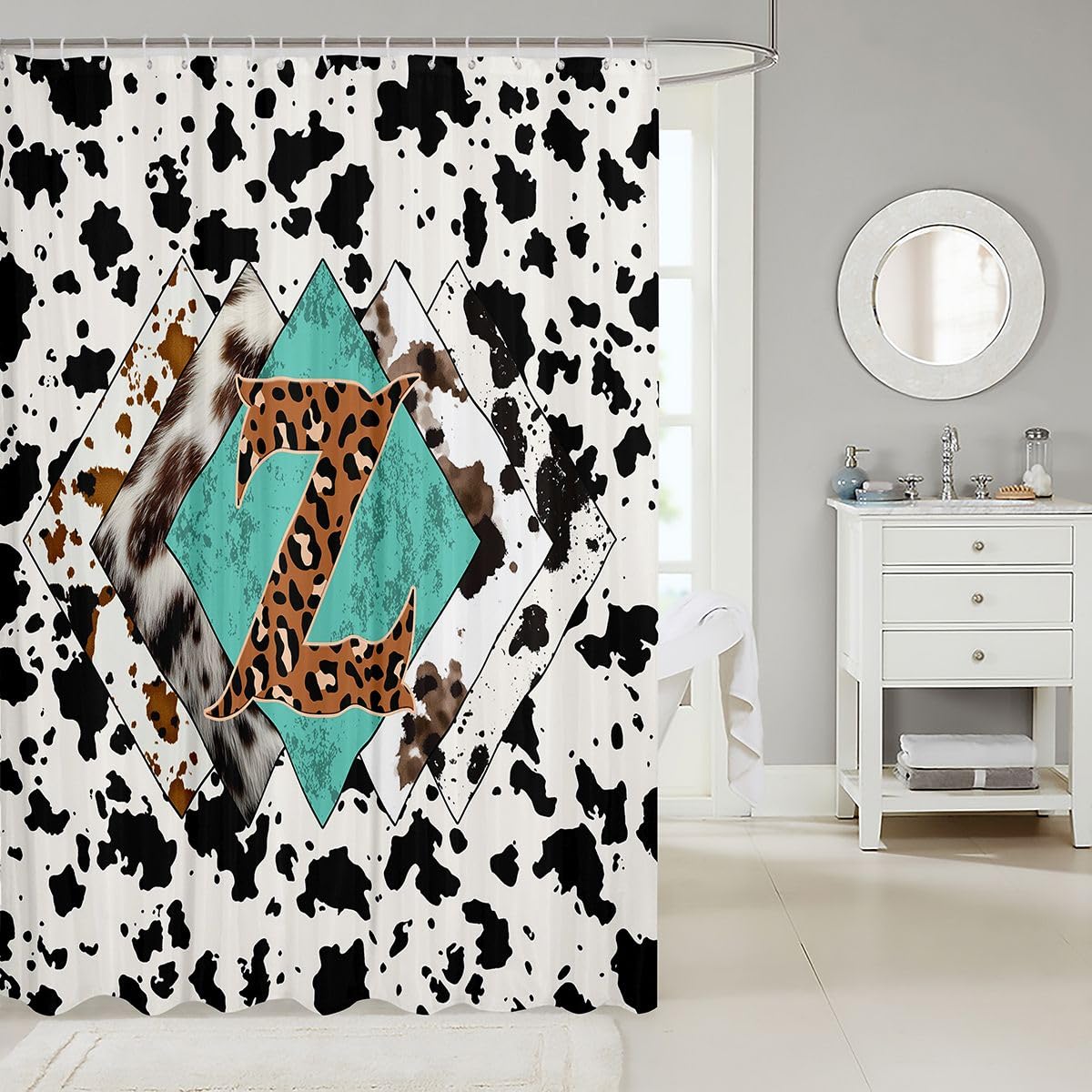 Rideau de douche lettre Z taille L léopard monogramme alphabet imprimé cuir de vache rideau de bain pour adultes style cowboy occidental rideau de bain imperméable avec 12 crochets pour baignoire
