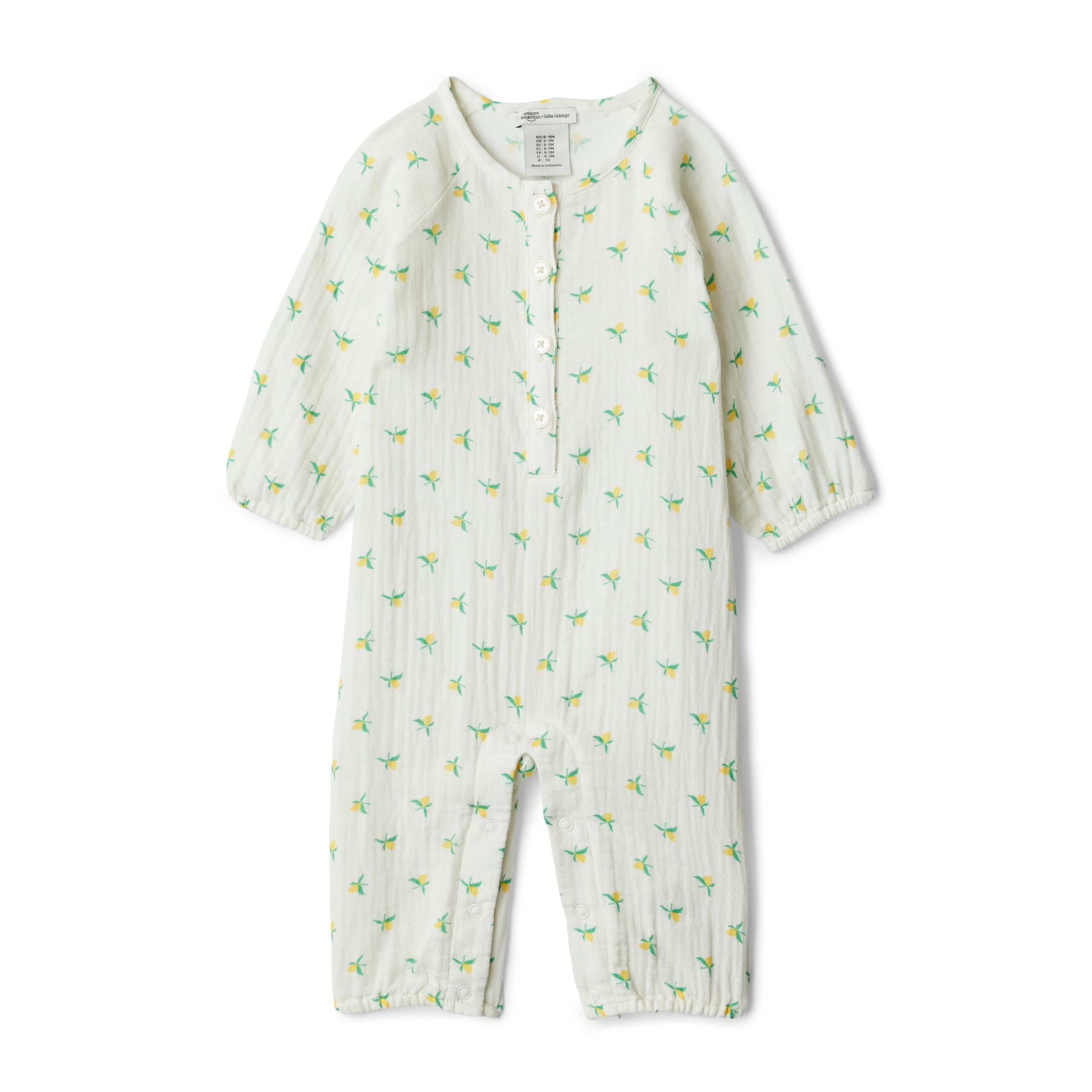 Amazon Essentials x Sofia Grainge Unisex Babies' Cotton Gauze Long-Sleeve Romper Suit, Ivory Lemon, Premature