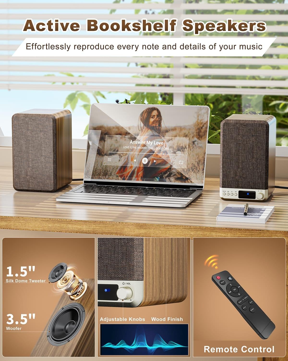 Coppia di altoparlanti da scaffale alimentati da 3,5 pollici, giradischi in vinile, altoparlanti stereo per la casa con ingresso AUX RCA da 3,5 mm, BT 5.4, altoparlanti USB per computer per PC audio