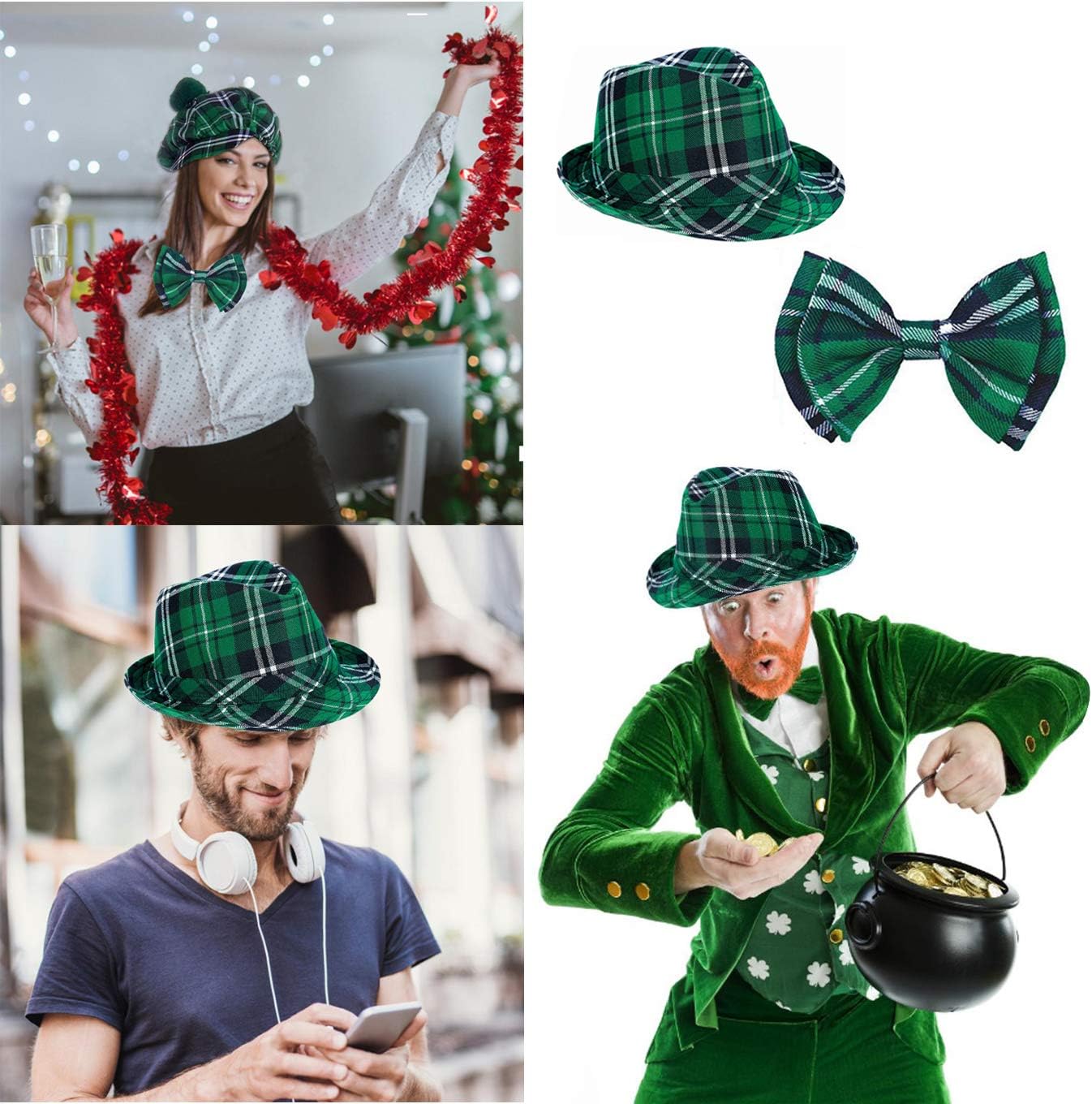 ANIUHL St. Patrick's Day Plaid Fabric Fedora Hat and Bow Tie Set, Green Irish Cap Party Cosplay Costumes Accessory for Women Men