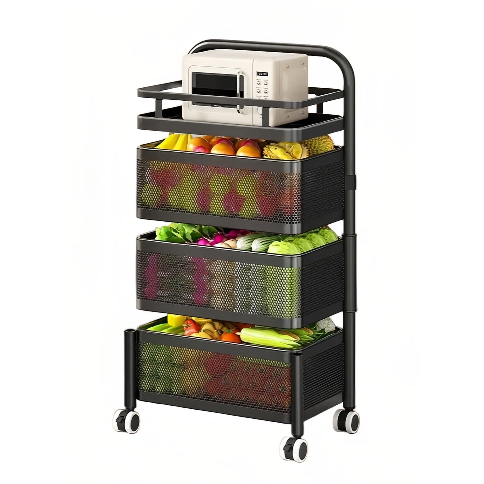FZL02068LM Kitchen Trolley Rotating Rolling Kitchen Cart, Slim Gap Storage Shelf with Produce Baskets(Black,Small)