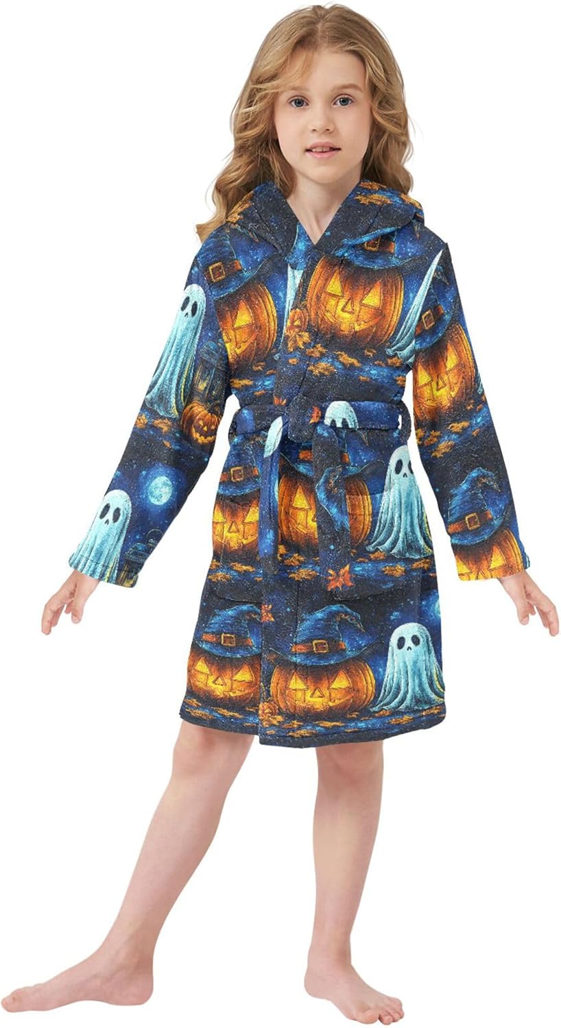 Night Ghosts Pumpkin Halloween Bathrobe Hooded PJ Robe Plush Fleece Robe Pajama Sleepwear 2-12 Years