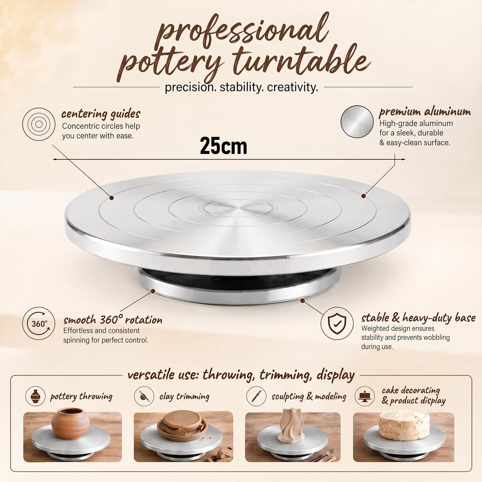 Töpferscheibe, φ25cm 360° Drehbarer Drehscheibe Töpfern Aus Aluminiumlegierung, Doppelseitiges Töpferrad DIY Tonwerkzeuge Craft Clay Ton Skulptur Drehteller für Keramik, Töpferei Basteln und Modellbau