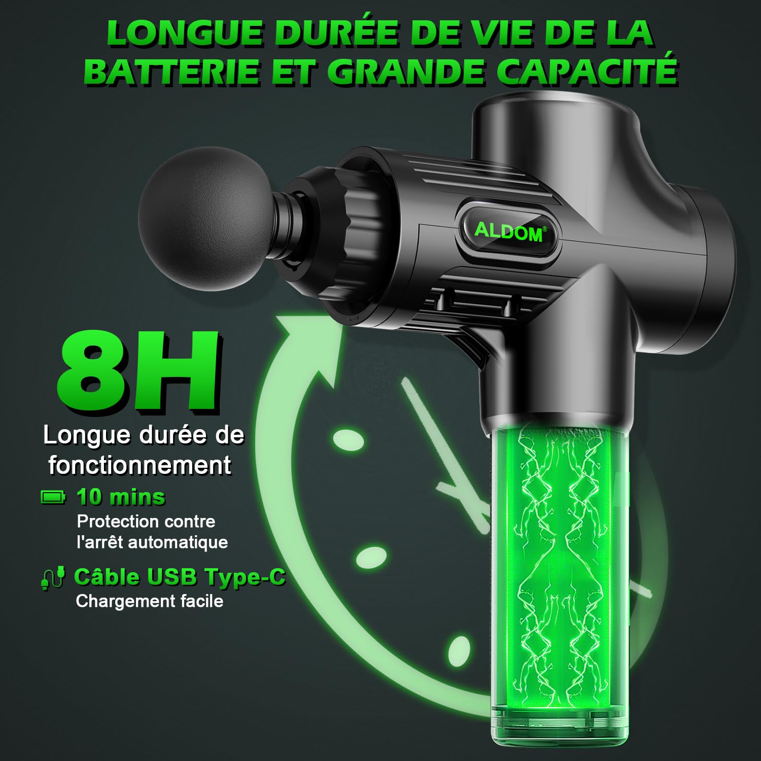 Pistolet de Massage Musculaire ALDOM Appareil de Masseur de Muscle Profond Avec 30 Niveaux Réglables 8 Têtes de Massage et l'Écran LCD Soulager Douleurs et Raideurs
