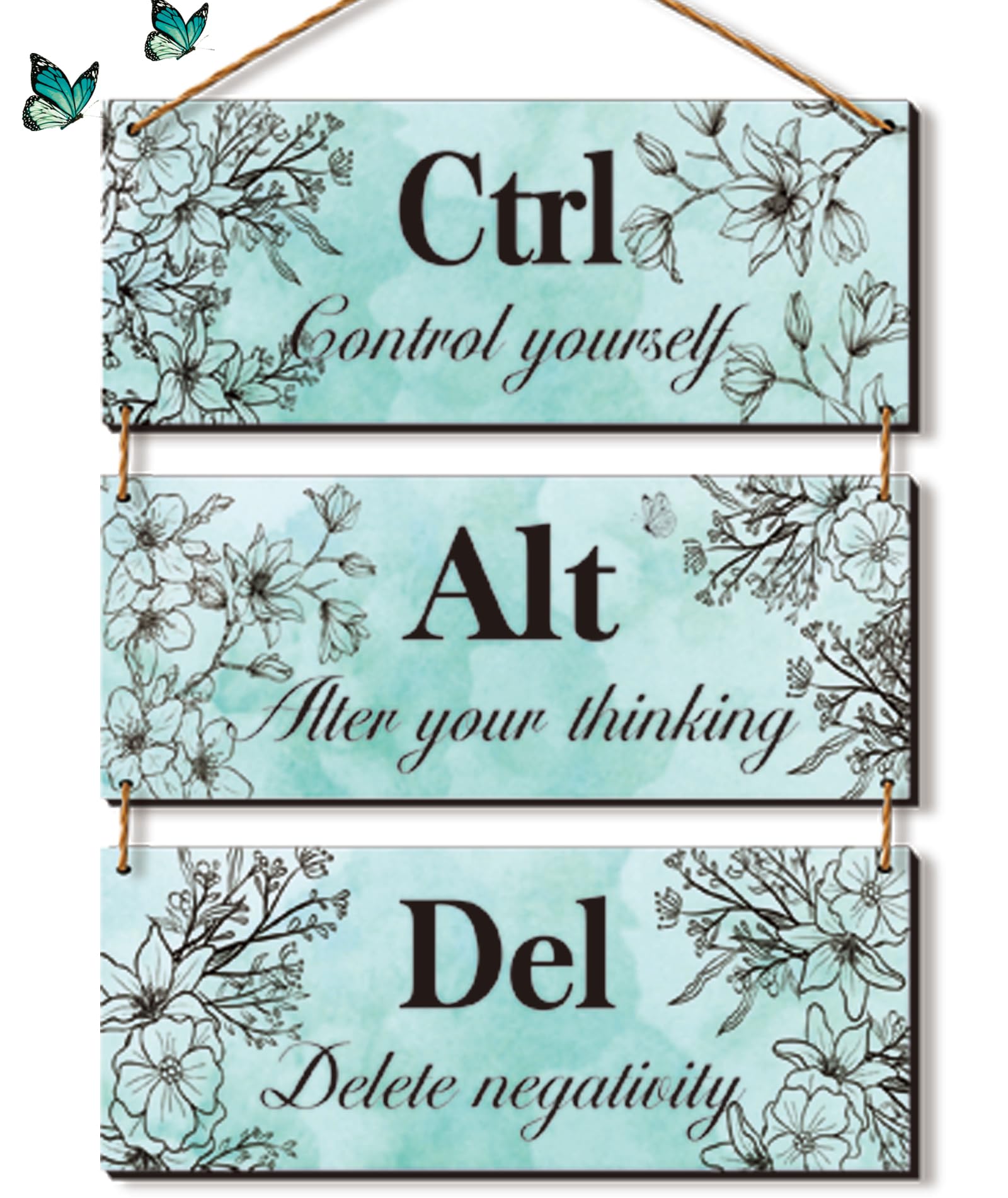3 Pieces Teal Wall Decor for Girl's Room Turquoise Bathroom Decor Farmhouse Wooden Inspirational Office Decor with Positive Quotes Ctrl Alt Del for