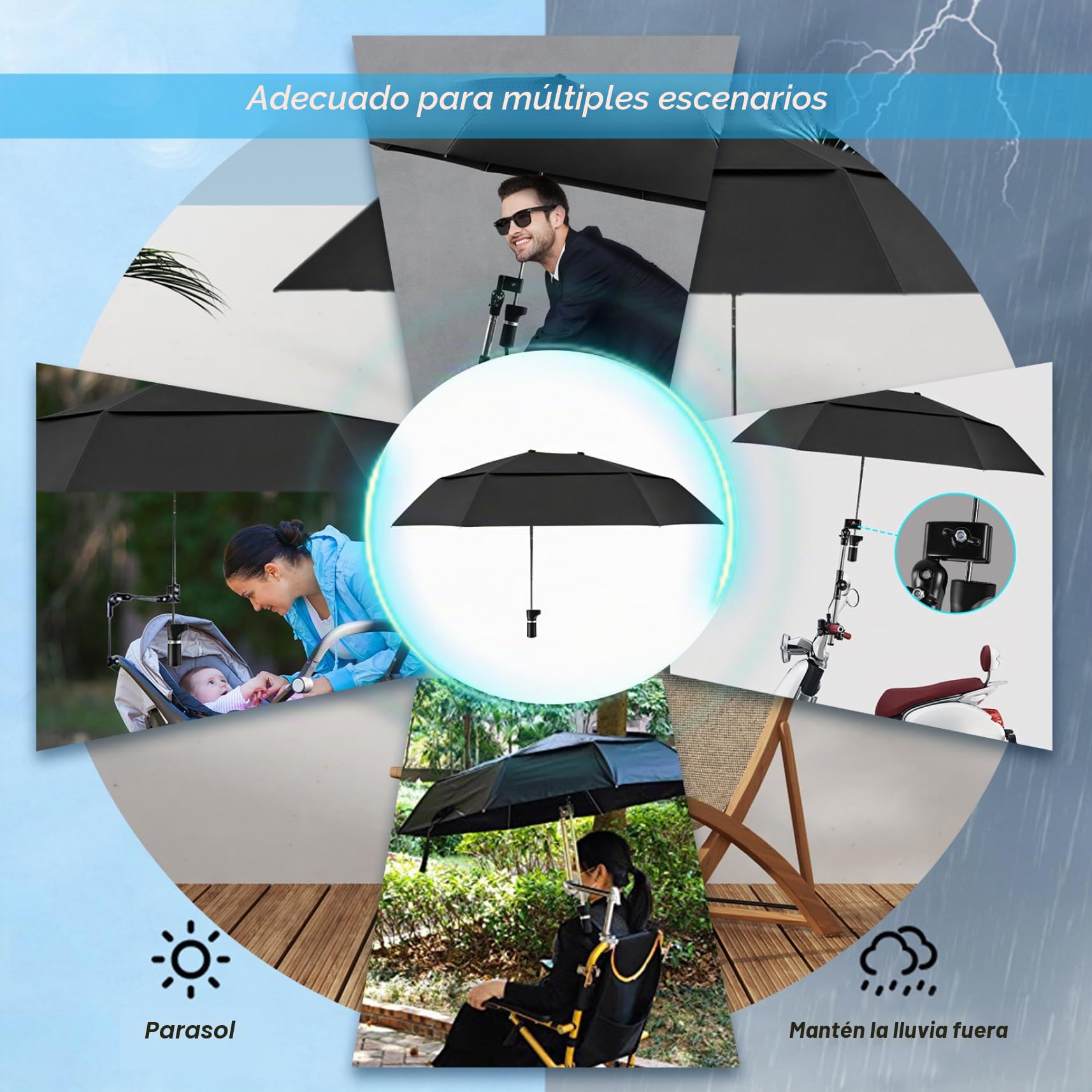 Paraguas para silla con abrazadera ajustable Protección contra la lluvia/UV Paraguas para silla de ruedas 40.9 Sombrilla extendida de doble cara para cochecito Bicicleta Sillas de playa Blanqueado.