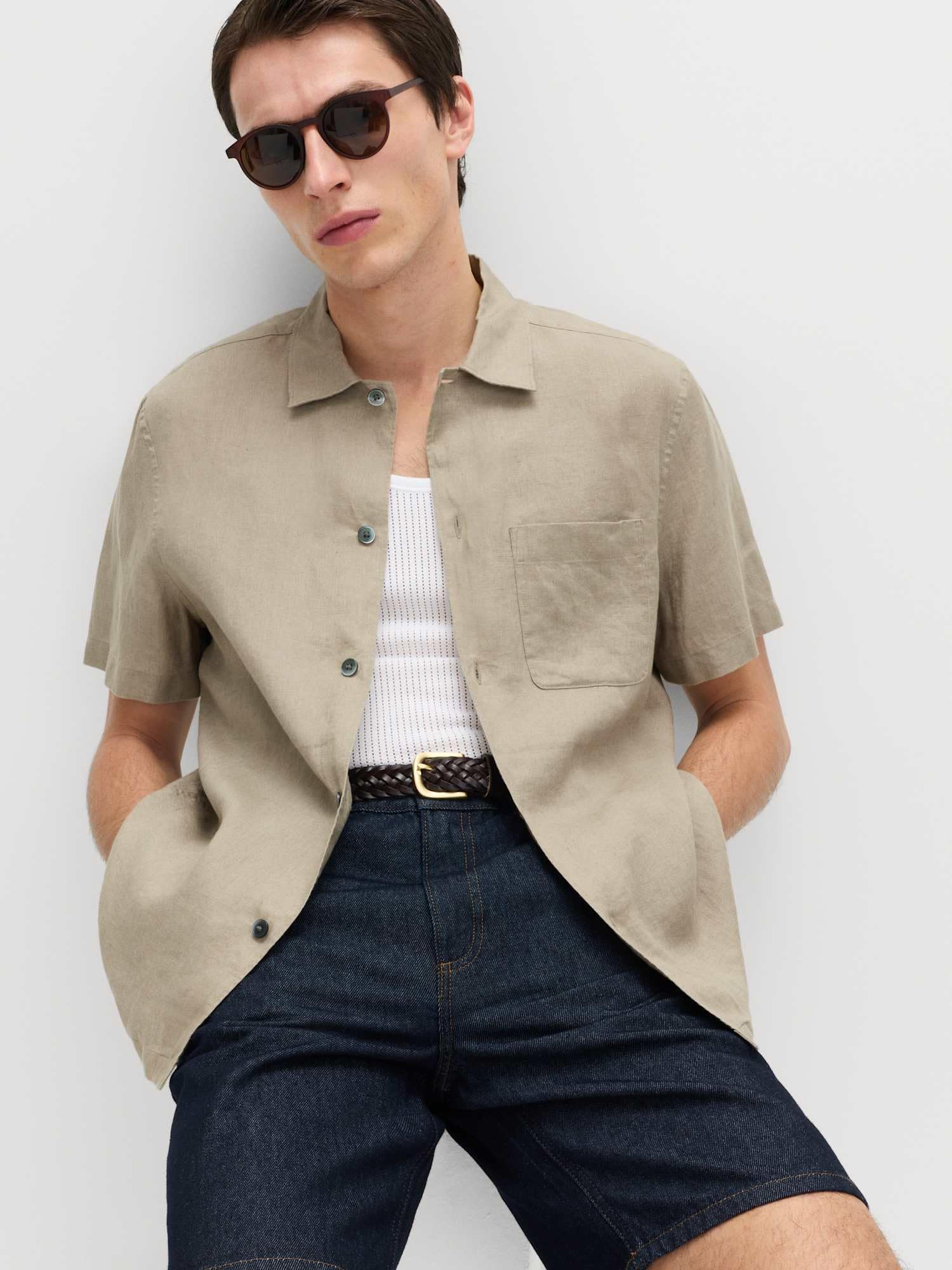 Marks & Spencer Camisa de Manga Corta de Lino Puro para Hombre, Ajuste Normal, Cuello Clásico, Transpirable