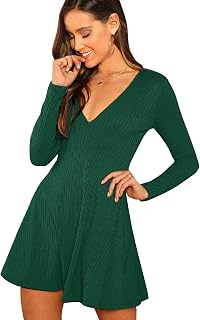 Women's Deep V Neck Mini Dress Long Sleeve Ribbed Knit Short A Line Dresses
