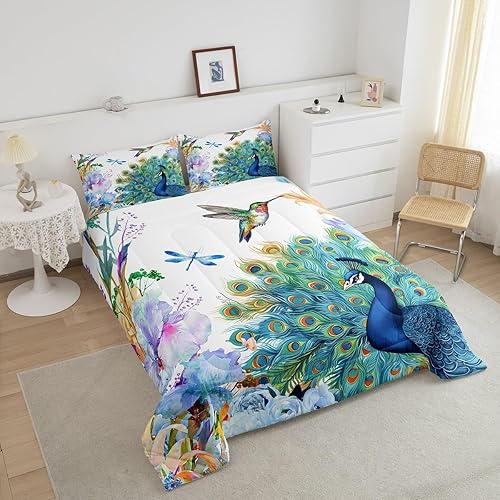 Miniatura 3 de Juego de edredón de plumas de pavo real, colibrí, libélula y libélula, juego de ropa de cama con patrón de flores y pájaros para niñas y mujeres,