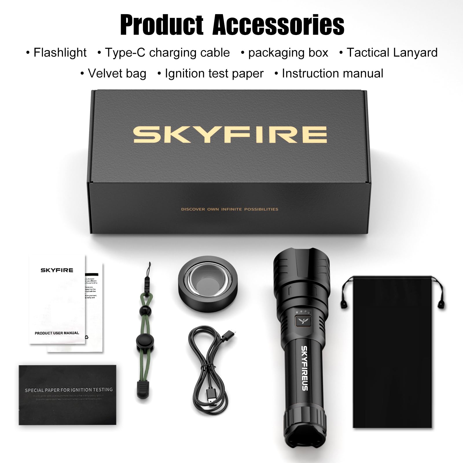 SKYFIRE Torcia LED Potente Professionale | 900.000 Lumen Torcia Ricaricabile USB, 4 Modalità Luminose con Zoom | Lente Accendi-Fuoco | Impermeabile, ideale per Campeggio, Militare ed Emergenze