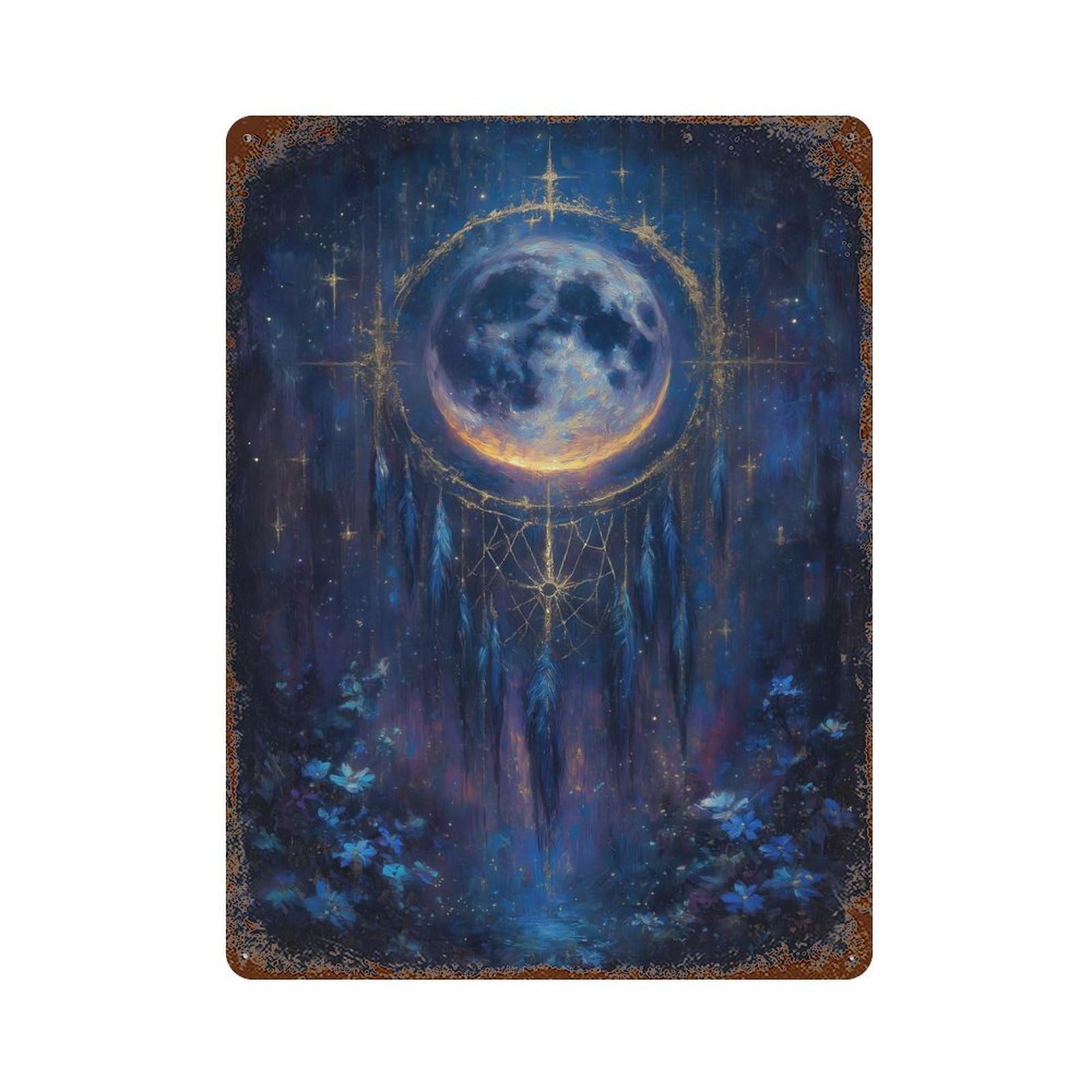 Dreamcatcher Moonlit Night Painting Rust Effect Tin Sign 15.7"x11.8", Industrial Home Decor for Garage, Bar And Workshop Decor