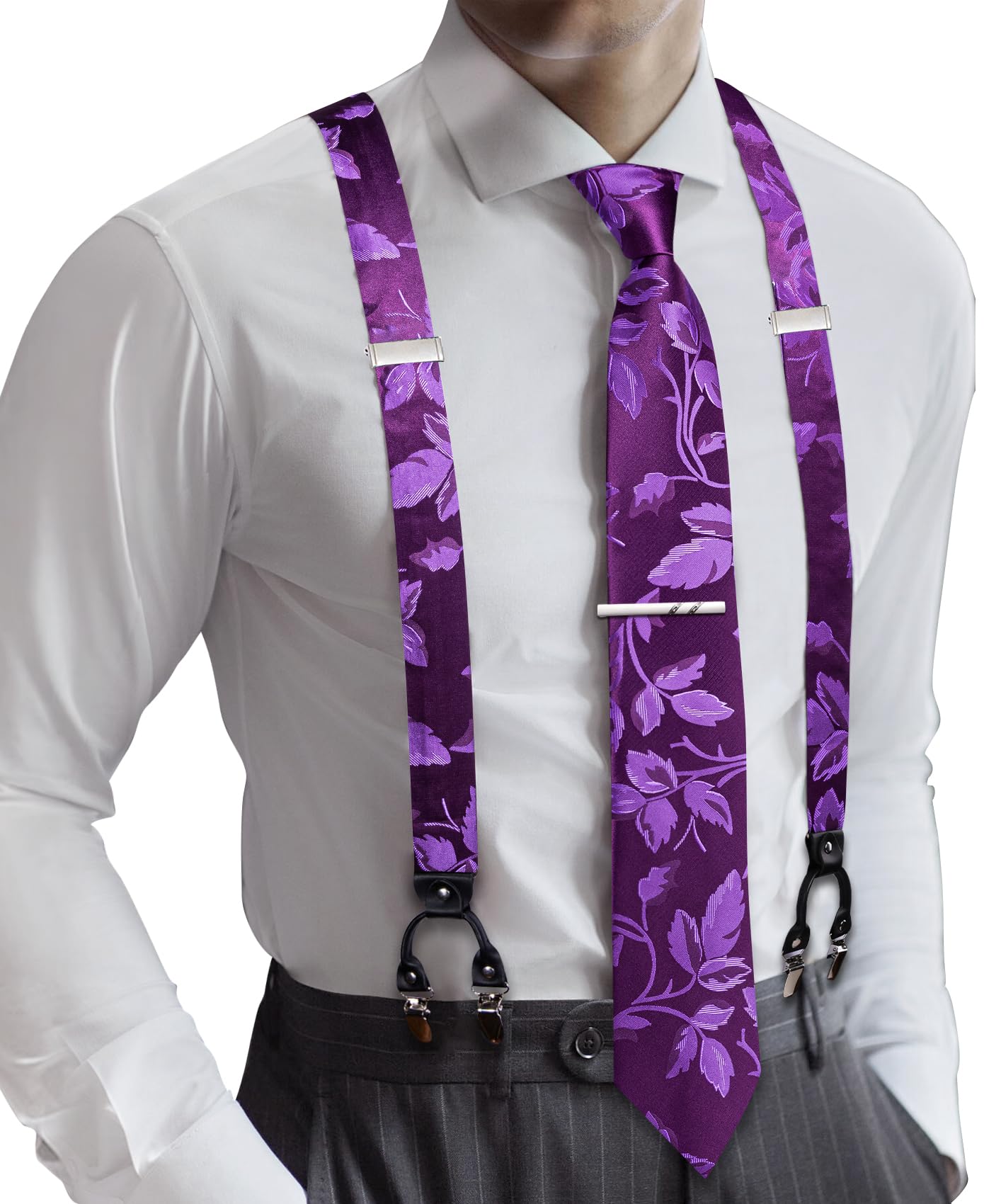 Barry.Wang Men Suspender Tie Sets Elastic Heavy 6 Clips Hanky Cufflink 5PCS | Classic Suspender Set for Man Necktie Y Type Adjustable Heavy Duty 6 Clips Braces Pocket Square Cufflinks Party