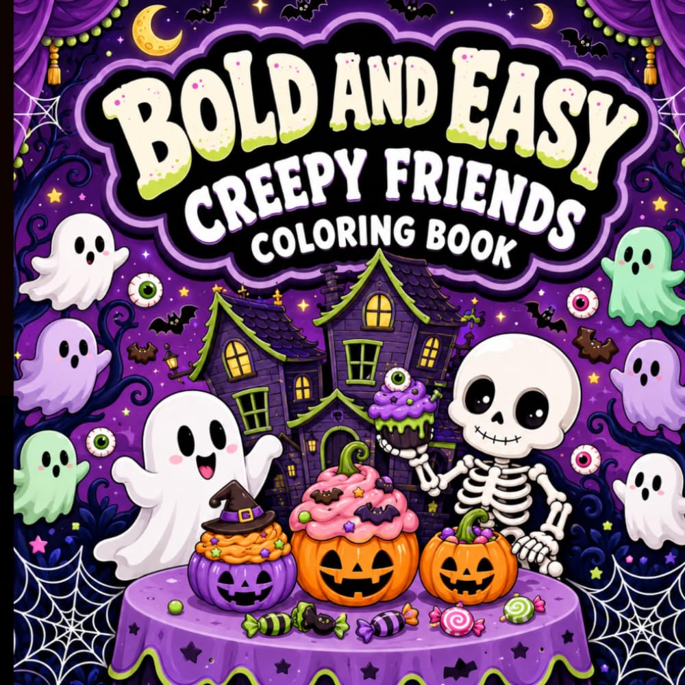 Bold and Easy Creepy Friends Coloring Book: Cute Spooky Ghosts, Pumpkins, Bats and Halloween Friends.