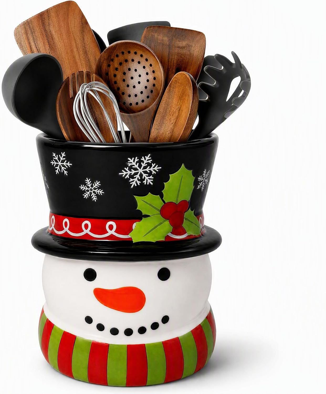 Taesun Christmas Ceramic Utensil Holder, Santa Claus Kitchen Decor, 3 Santa Countertop Storage Crock for Cooking Utensils, Baking Tools, Holiday Decoration for Xmas Home Party