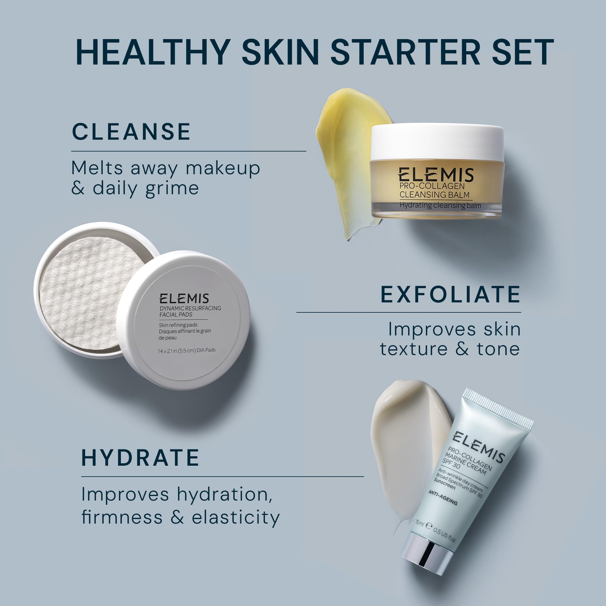 ELEMIS Healthy Skin Exclusive Travel Set | Pro-Collagen Cleansing Balm Mini, Marine Cream SPF 30 Mini & Dynamic Resurfacing Pads | Anti-Aging Hydrating Skincare Travel Kit