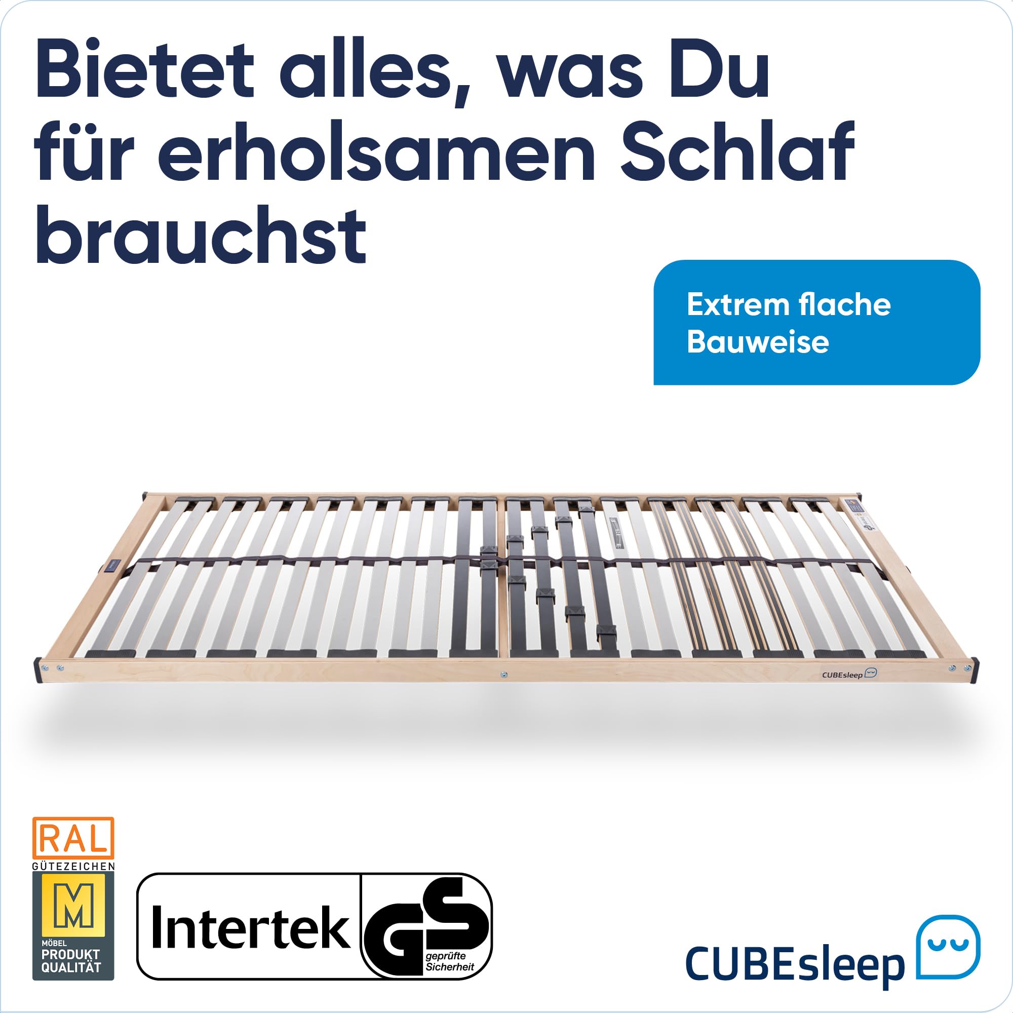 CubeSleep Lattenrost Base NV 28-Leisten 5-Zonen Lattenrahmen | Progressive Federung mit Härteregulierung | Made In Germany | GS Zertifiziert – geprüfte Sicherheit (90 x 200 cm)