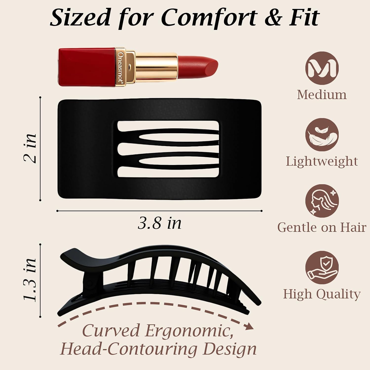 Flat Hair Clips for Women, 4 PCS Matte Lay Down Curved Claw Clips Set, Comfortable French Hair Barrettes for Driving Office Yoga, Square Hair Accessories (Amber/Leopard/Black/White) image 3