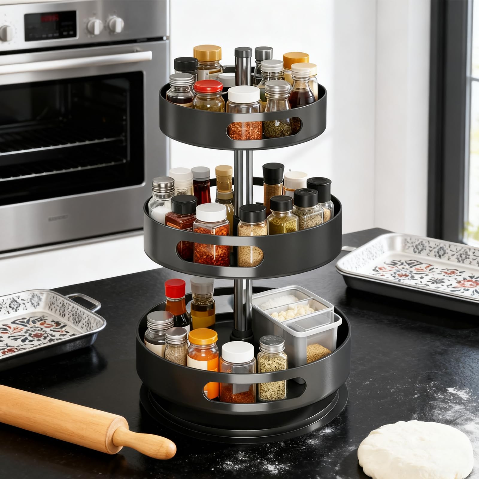 Portaspezie Girevole a 3 Livelli, Organizzatore Spezie in Metallo Lazy Susan per Armadietti, Porta Spezie Girevole per Cucina, Organizer Regolabile in Altezza per Cosmetici Bagno