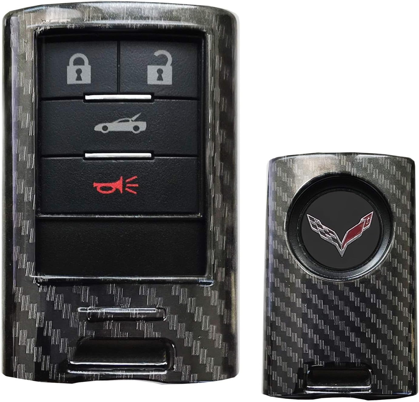 iJDMTOY Black Carbon Fiber Pattern Hard Plastic Shell Keyfob Protective & Keychain Compatible With Cadillac OEM 5923887 22756465, etc (ATS CTS DTS XTS SRX STS Escalade C7 Corvette)