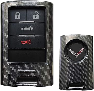 iJDMTOY Black Carbon Fiber Pattern Hard Plastic Shell Keyfob Protective & Keychain Compatible With Cadillac OEM 5923887 22756465, etc ATS CTS DTS XTS SRX STS Escalade C7 Corvette
