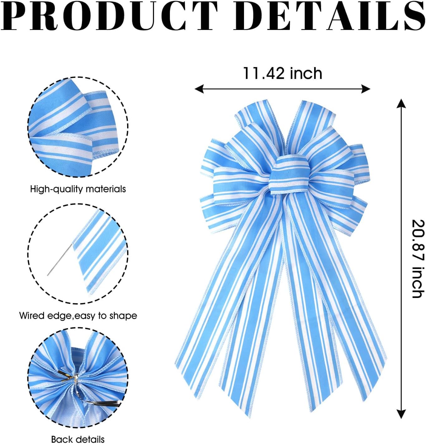Blue White Striped Wreath Bow for Front Door, 20x11 Inch Large Premade Baby Shower Bows, Summer Coastal Home Decorate