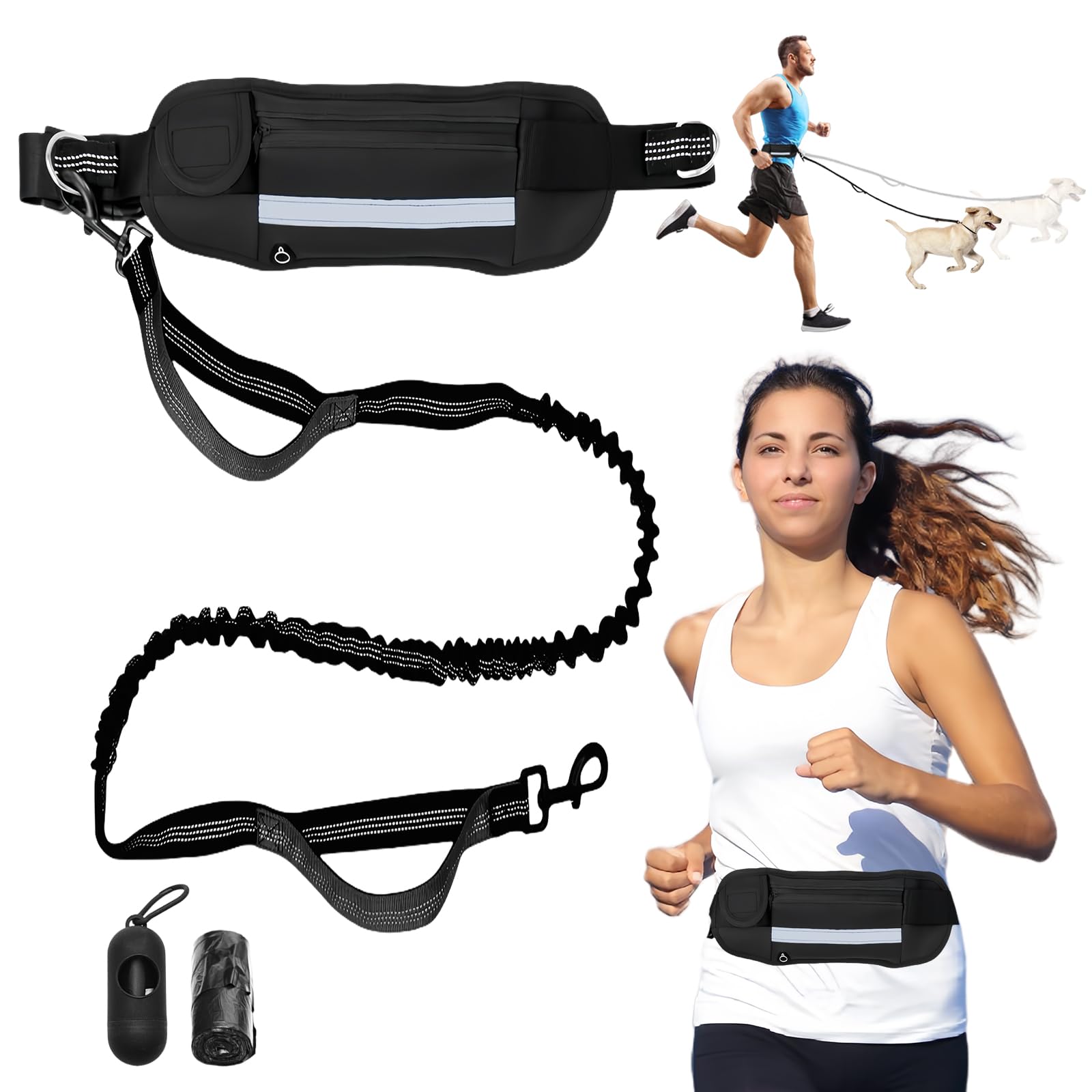 Correa Perro Cintura, Correa Manos Libres, Correa para Perro,Correa para Perro, Correa Perro Manos Libres Elástica, Extensible, Reflectante, 160-220 cm, para Correr, Running, Extensible, Manos Libres