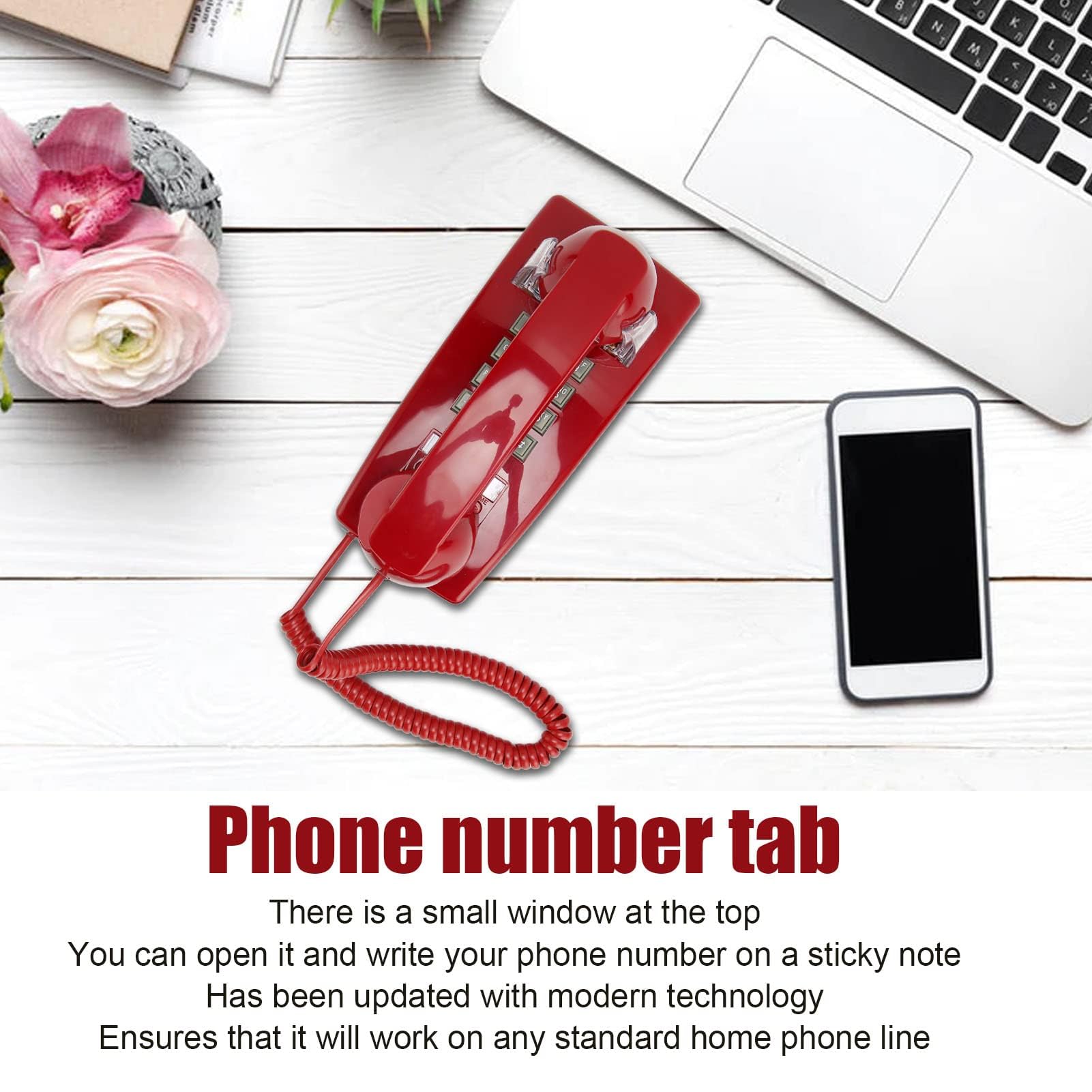 Vintage-Wandtelefone Festnetz, Retro-Wandtelefon Im Alten Stil, Rotes Schnurgebundenes Telefon Zur Wandmontage mit Lautstärkeregler für Senioren-Hotelküche