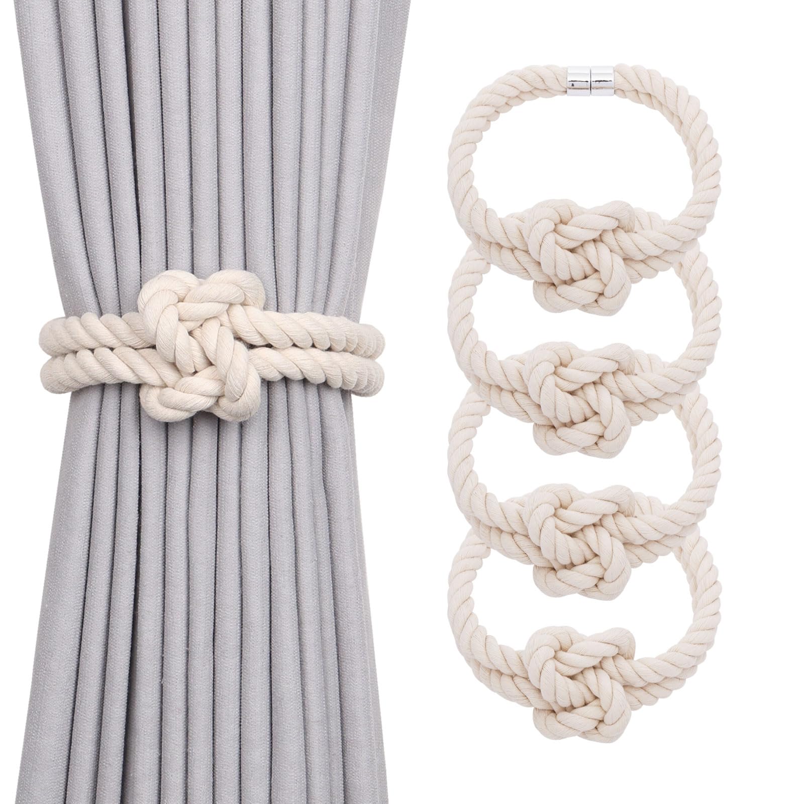 Pretty Jolly 4 Pack Natural Cotton Rope Magnetic Curtain Tiebacks Elegant Knot Decor Drape Tie Backs Boho Style Soft Hand Weave Rope Curtain Holdbacks for Home & Office Window Drapery (Beige)