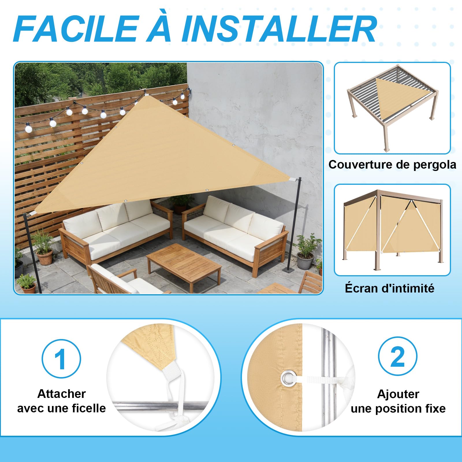 COOL AREA Voile d'ombrage Imperméable Triangle 4x4x5.65m,Sable