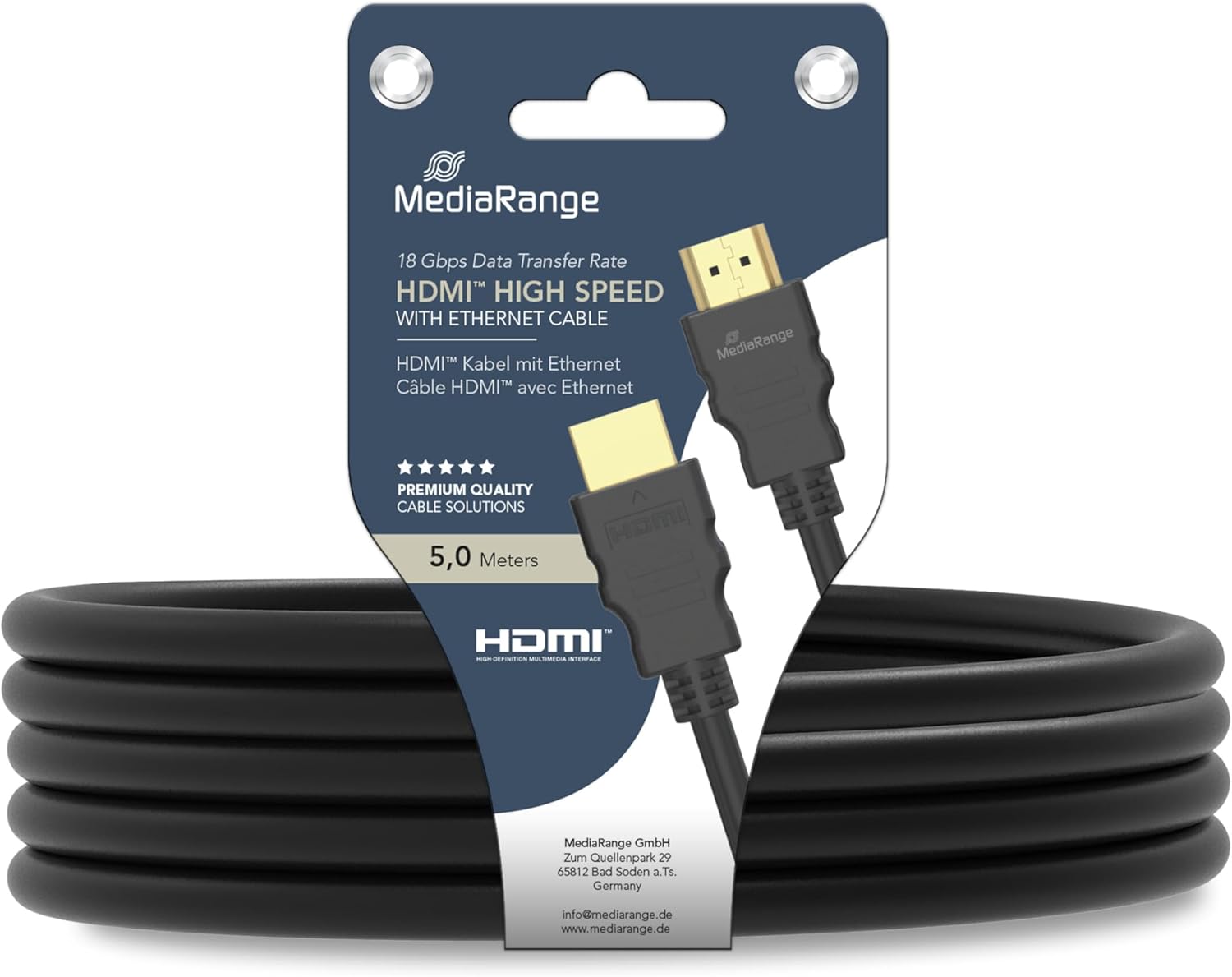 MediaRange HDMI High Speed Connection Cable with Ethernet, Gold-Plated Contacts, 18 Gbit/s Data Transfer Rate, 5.0 m, Black