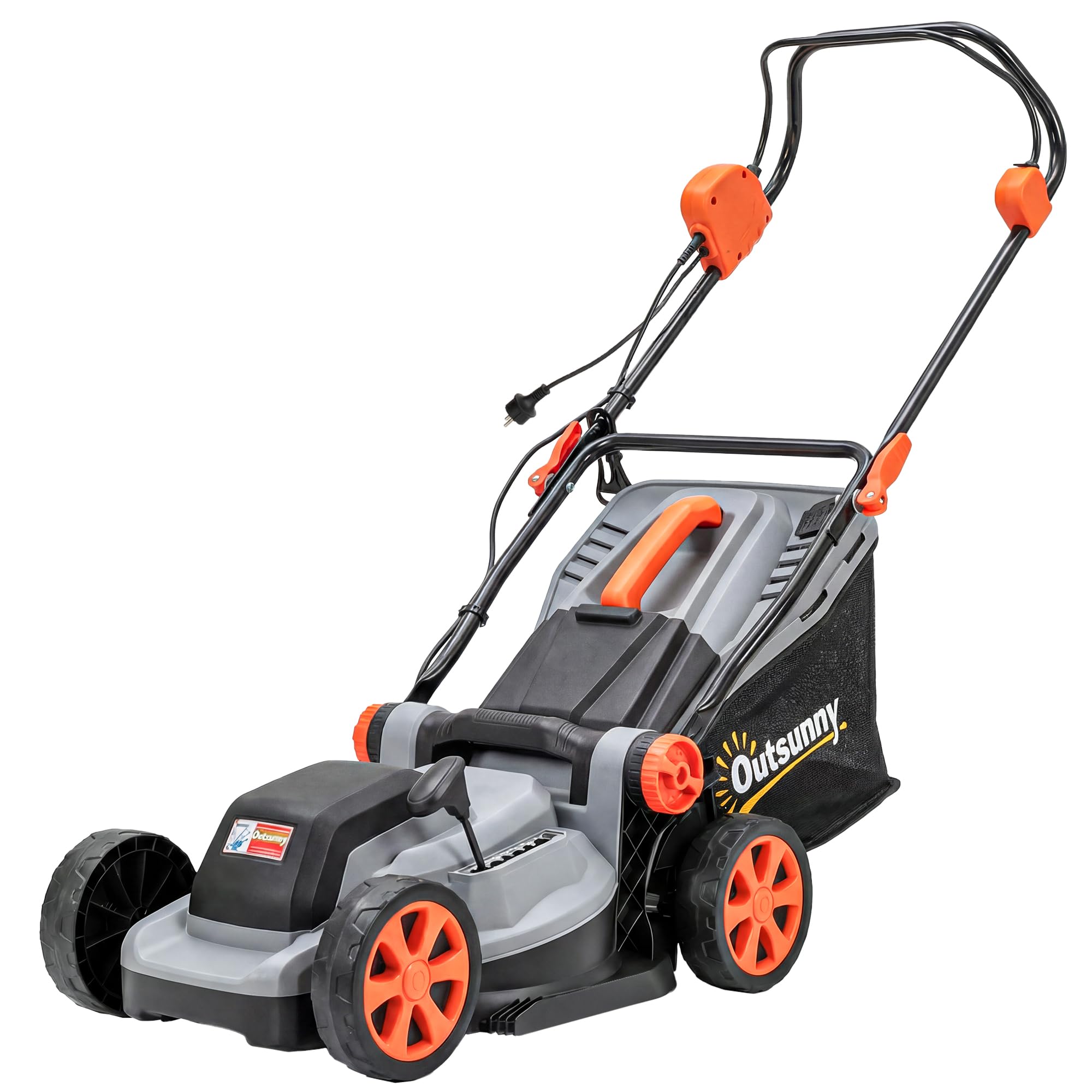 Cortadora eléctrica Outsunny 1200W con ancho de corte de 34 cm, bandeja de recogida de 35 l, función mulching, 6 alturas de corte, cortadora eléctrica con cuchilla giratoria con 3 posiciones de ajuste