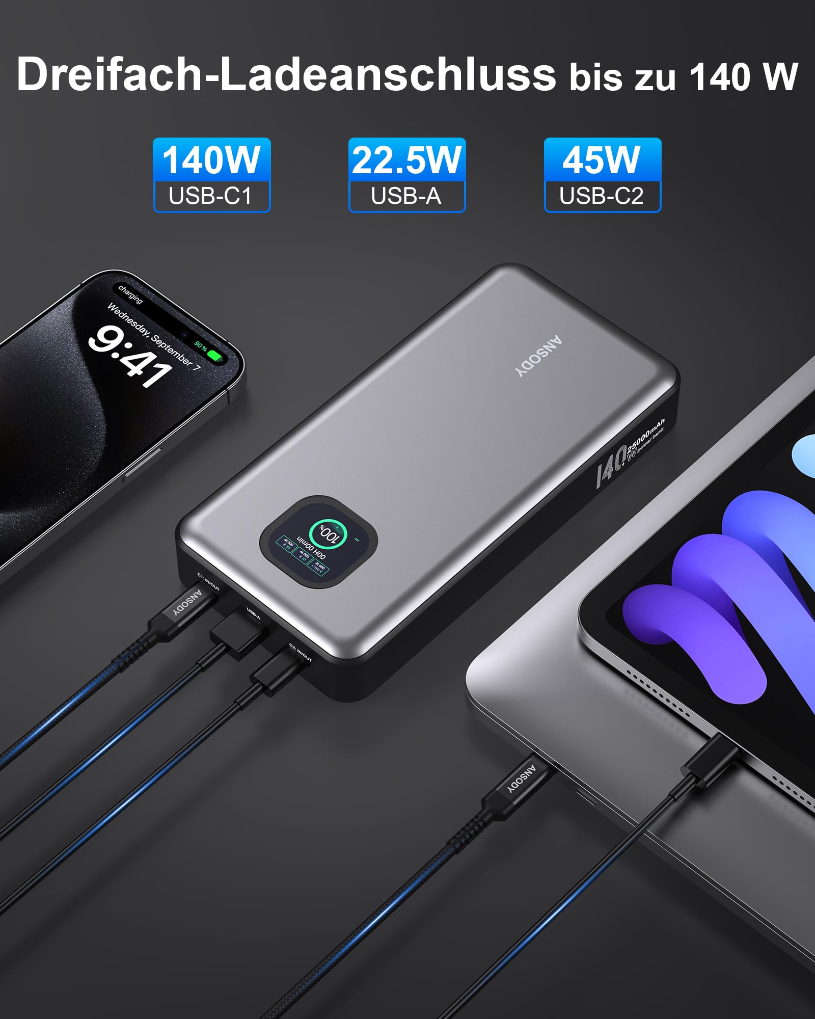 revolt Powerbank für Laptop: Powerbank, 20.000 mAh, 130 W, OLED-Farbdisplay, PD 100 W, USB-A 30